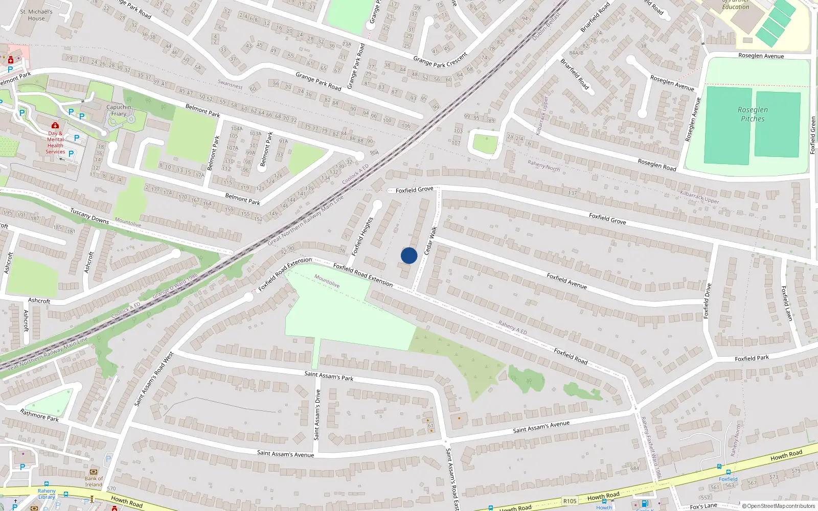 Overhead map showing the location of 7 Cedar Walk, Raheny, Dublin 5