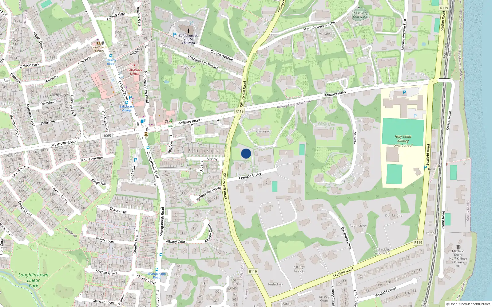 Overhead map showing the location of 7 Cenacle Grove, Killiney