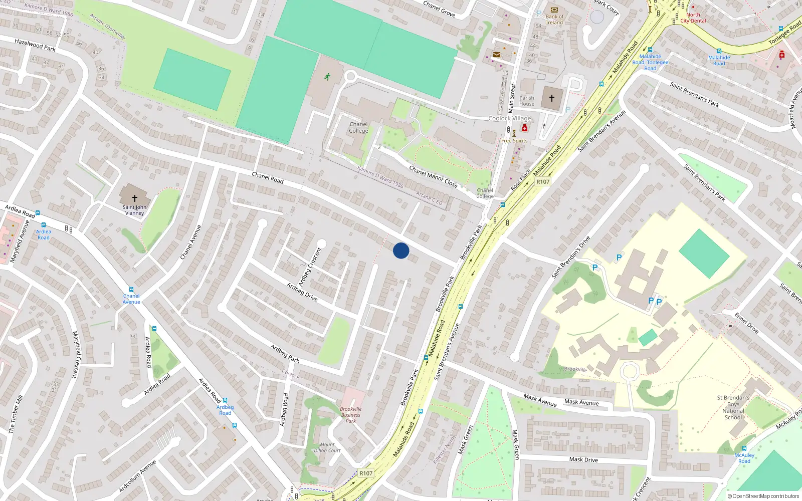 Overhead map showing the location of 7 Chanel Road, Dublin 5