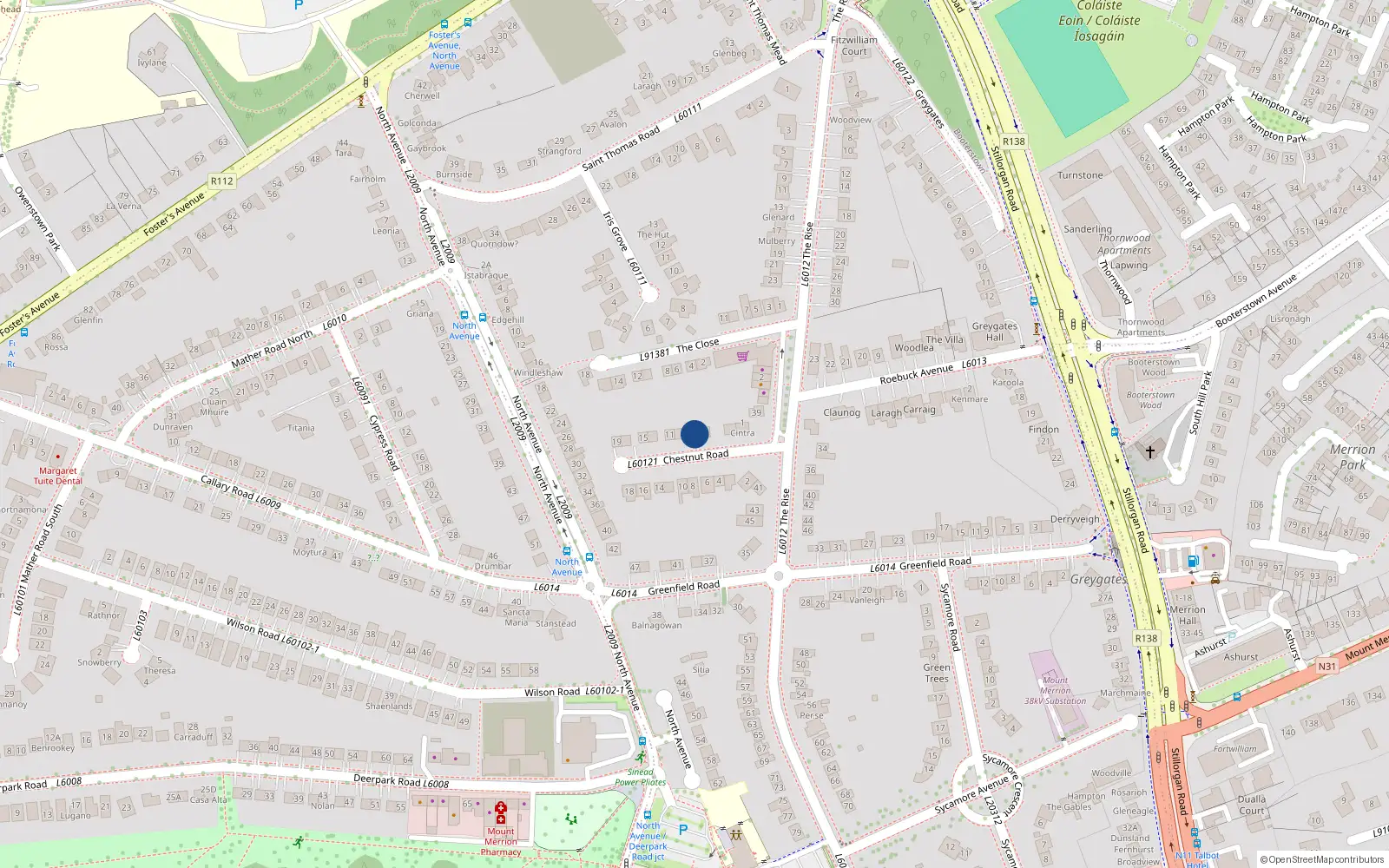 Overhead map showing the location of 7 Chestnut Road, Mount Merrion, Blackrock