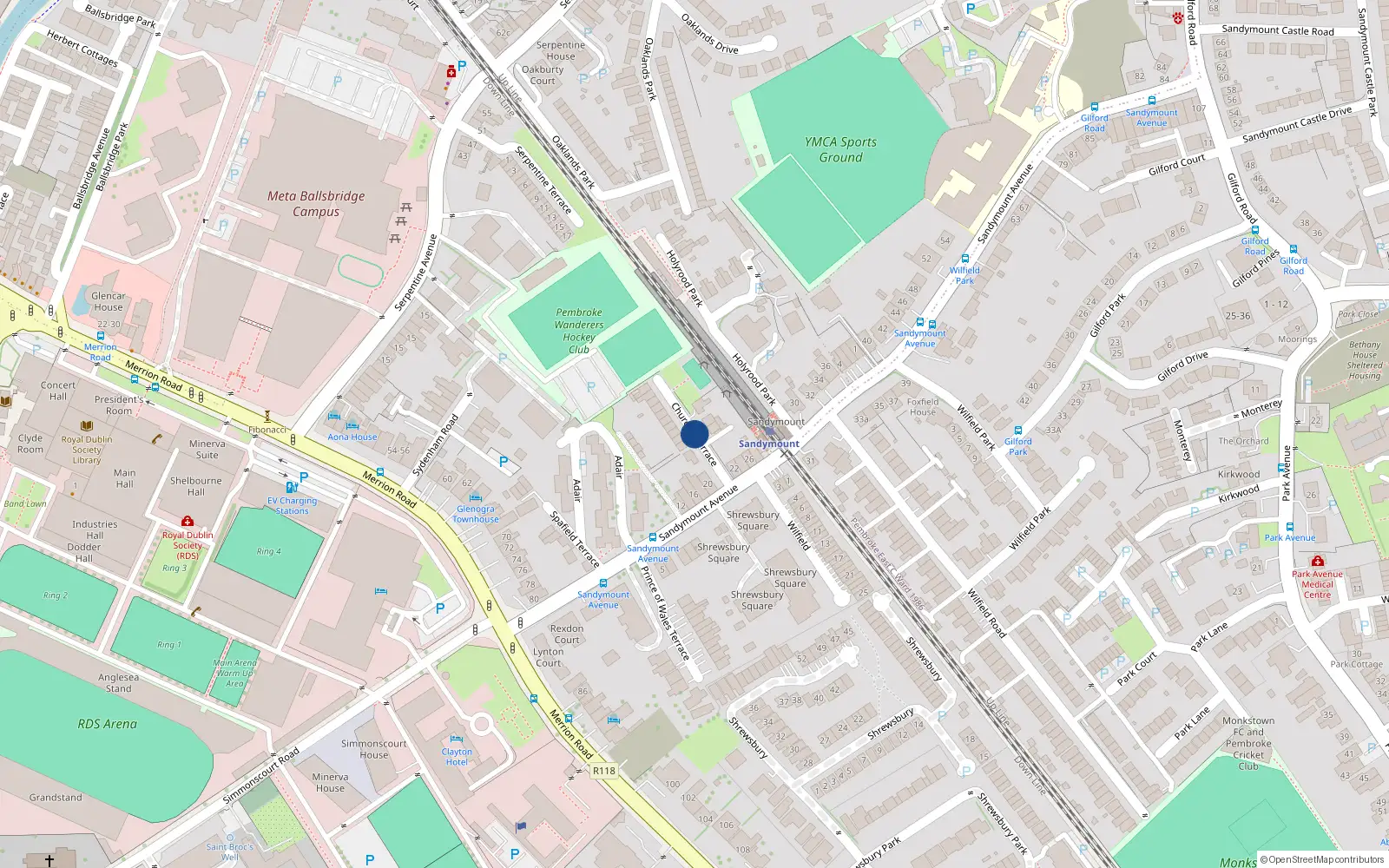 Overhead map showing the location of 7 Churchill Terrace, Ballsbridge