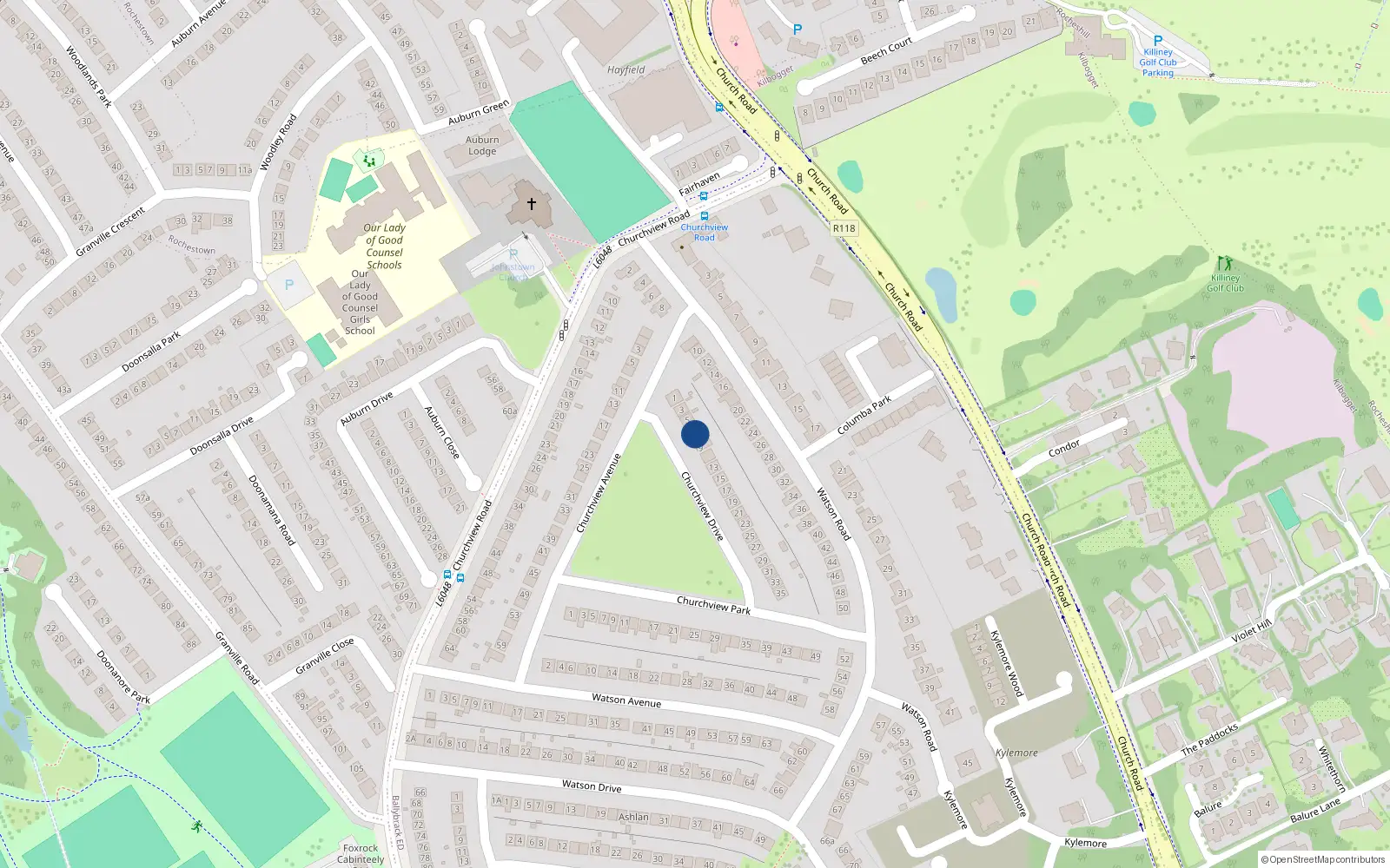 Overhead map showing the location of 7 Churchview Drive, Killiney, Dublin