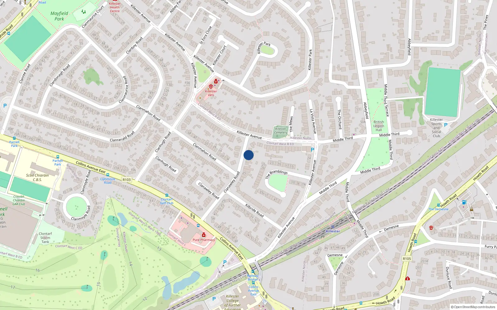 Overhead map showing the location of 7 Clanawley Road, Dublin 5, Dublin