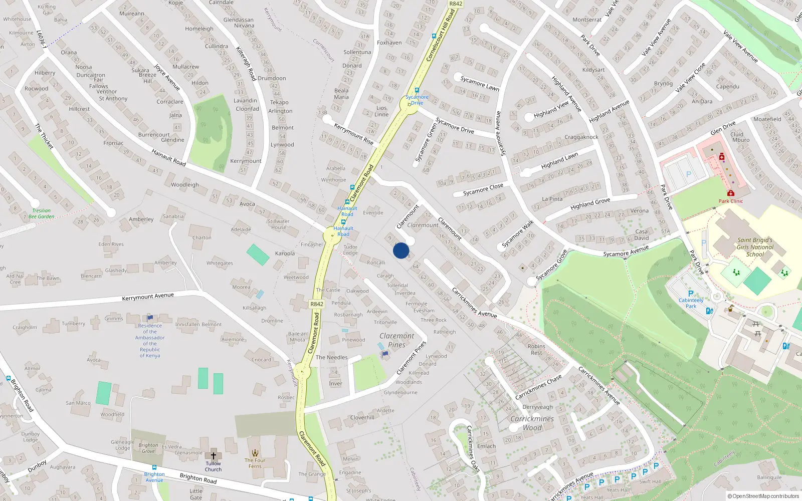 Overhead map showing the location of 7 Claremount, Dublin 18