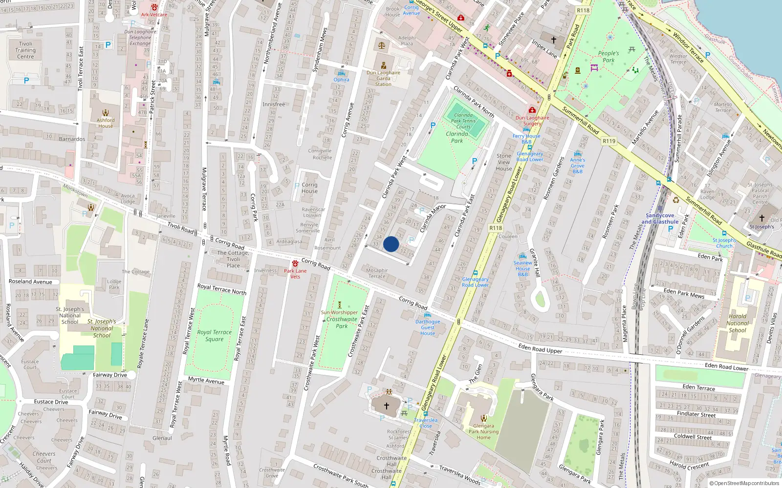 Overhead map showing the location of 7 Clarinda Manor, County Dublin