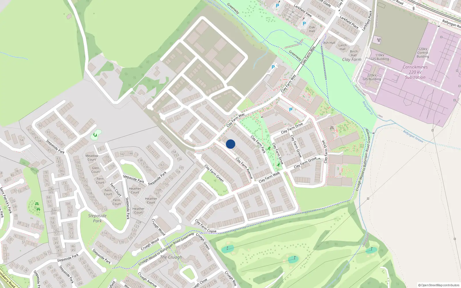Overhead map showing the location of 7 Clay Farm Avenue, Kilgobbin