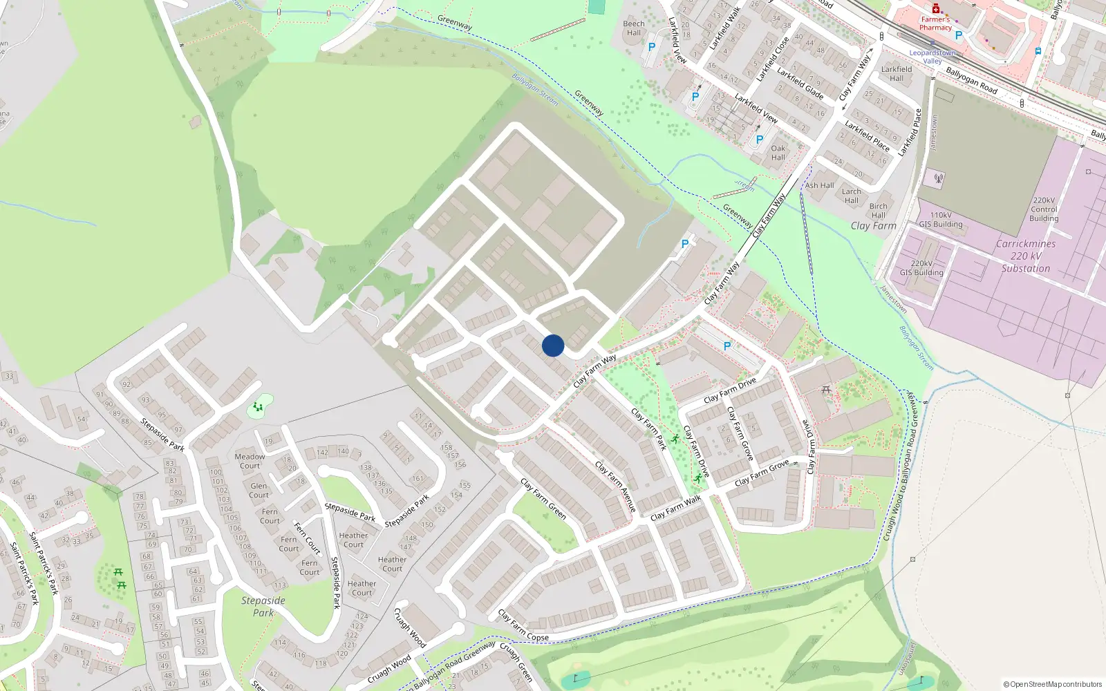 Overhead map showing the location of 7 Clay Farm Drive, Dublin 18