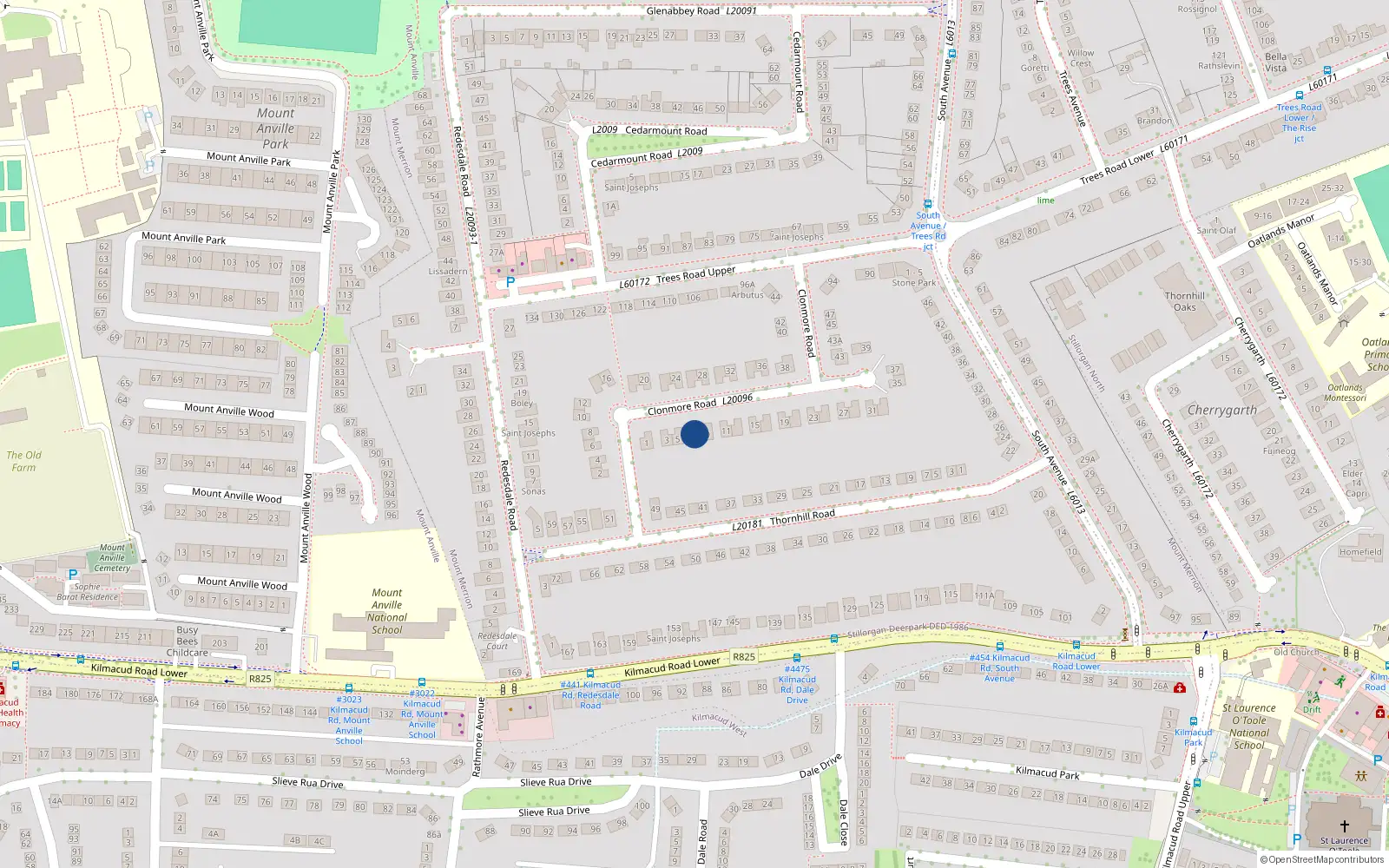 Overhead map showing the location of 7 Clonmore Road, Mount Merrion, Dublin