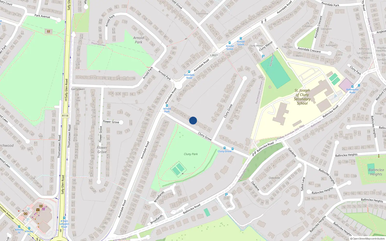 Overhead map showing the location of 7 Cluny Grove, Killiney