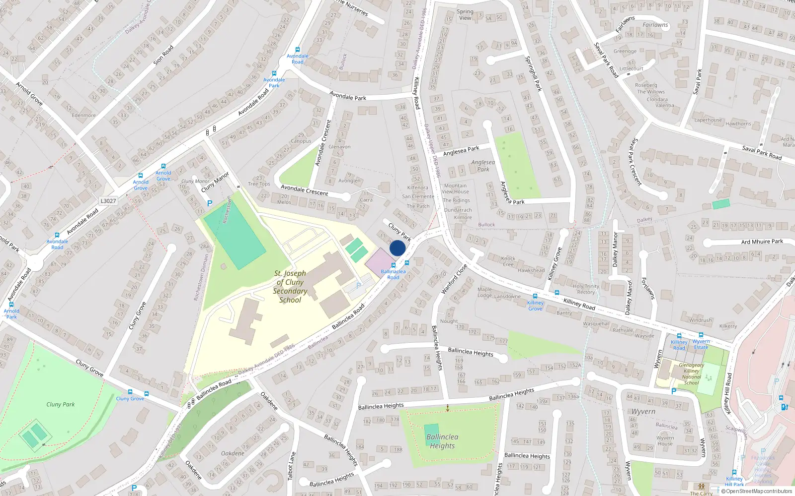 Overhead map showing the location of 7 Cluny Park, Killiney