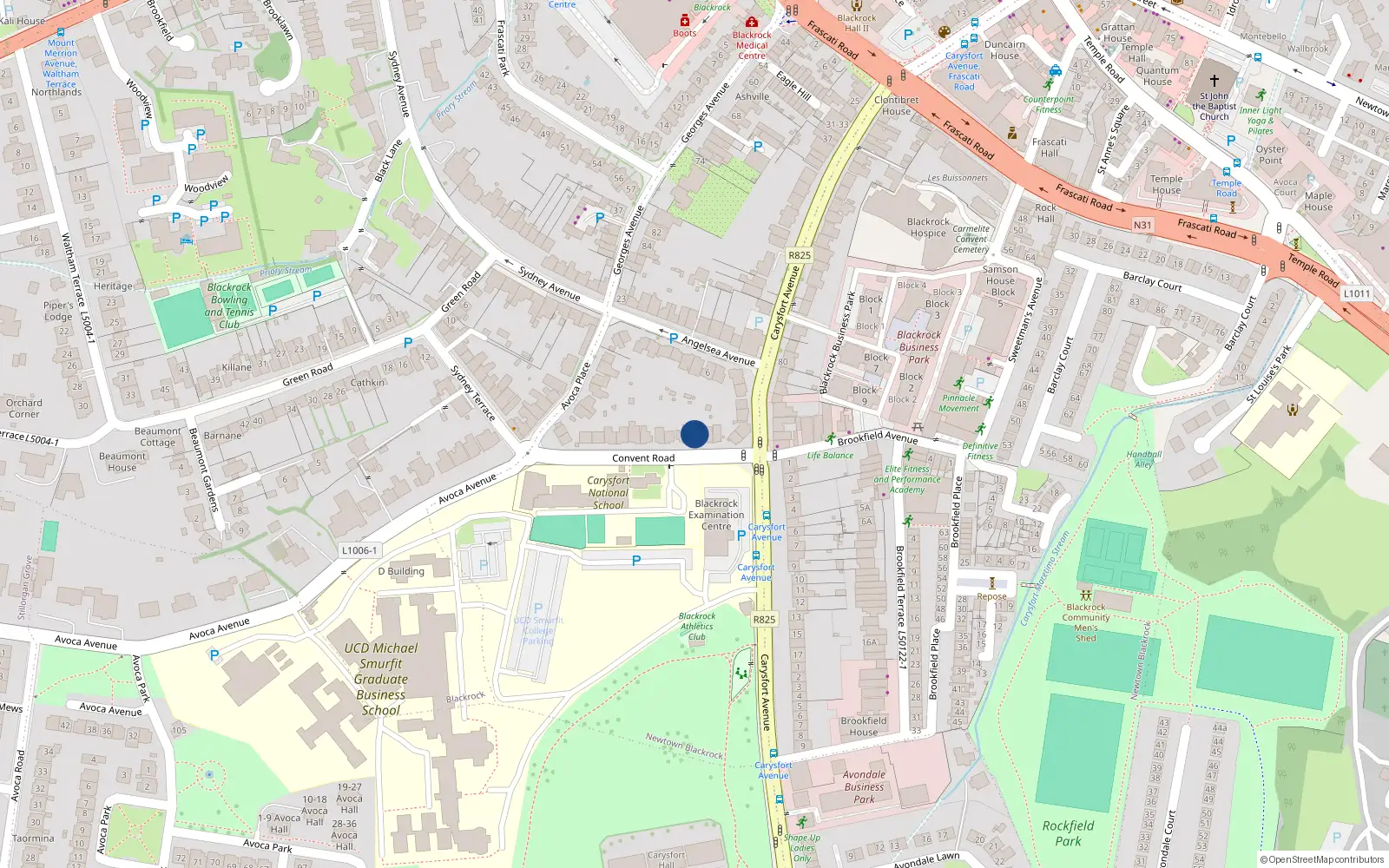 Overhead map showing the location of 7 Convent Road, Blackrock