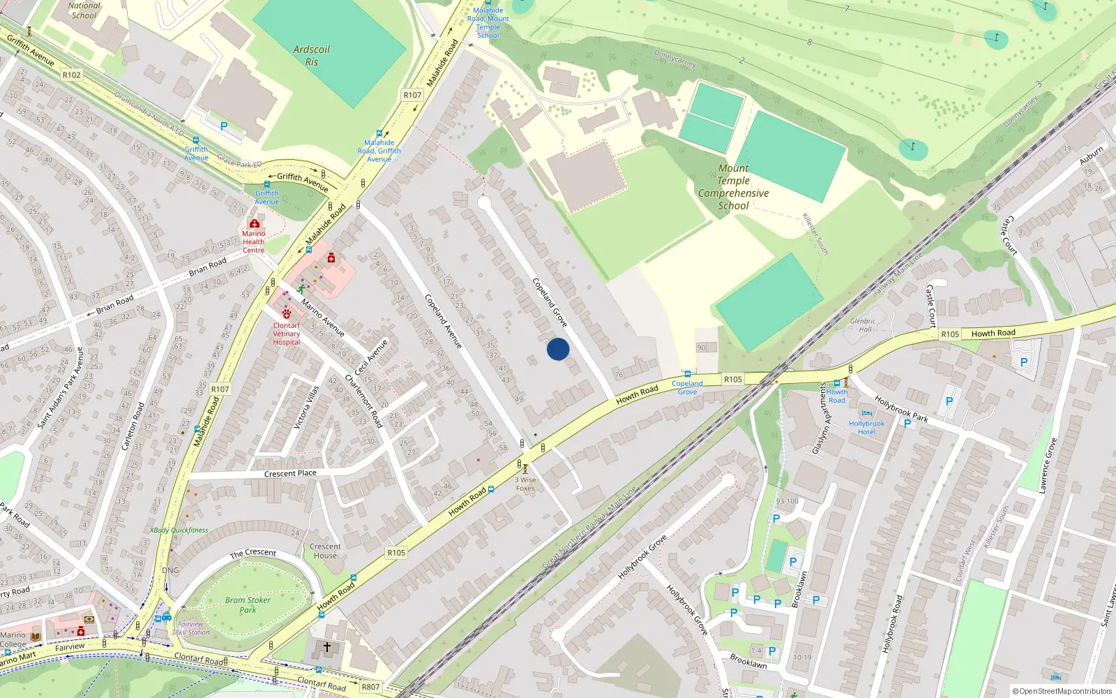 Overhead map showing the location of 7 Copeland Grove, Dublin 3