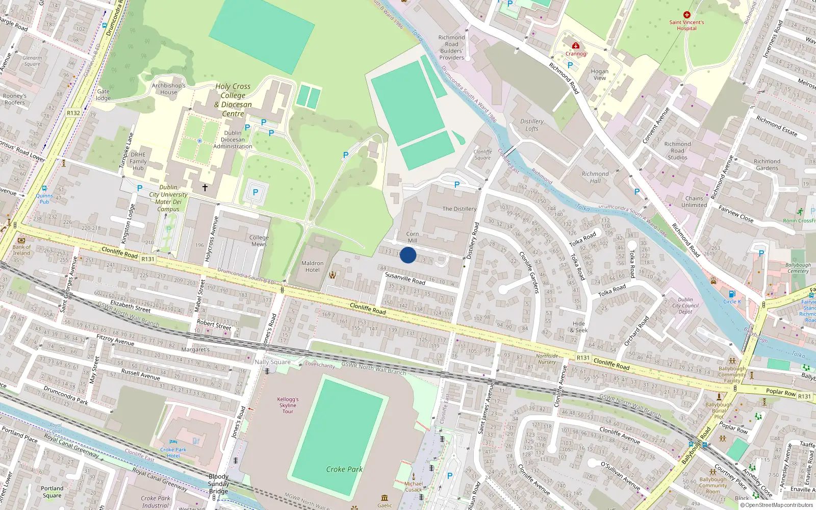 Overhead map showing the location of 7 Corn Mill Row House, Distillery Road, Dublin 9