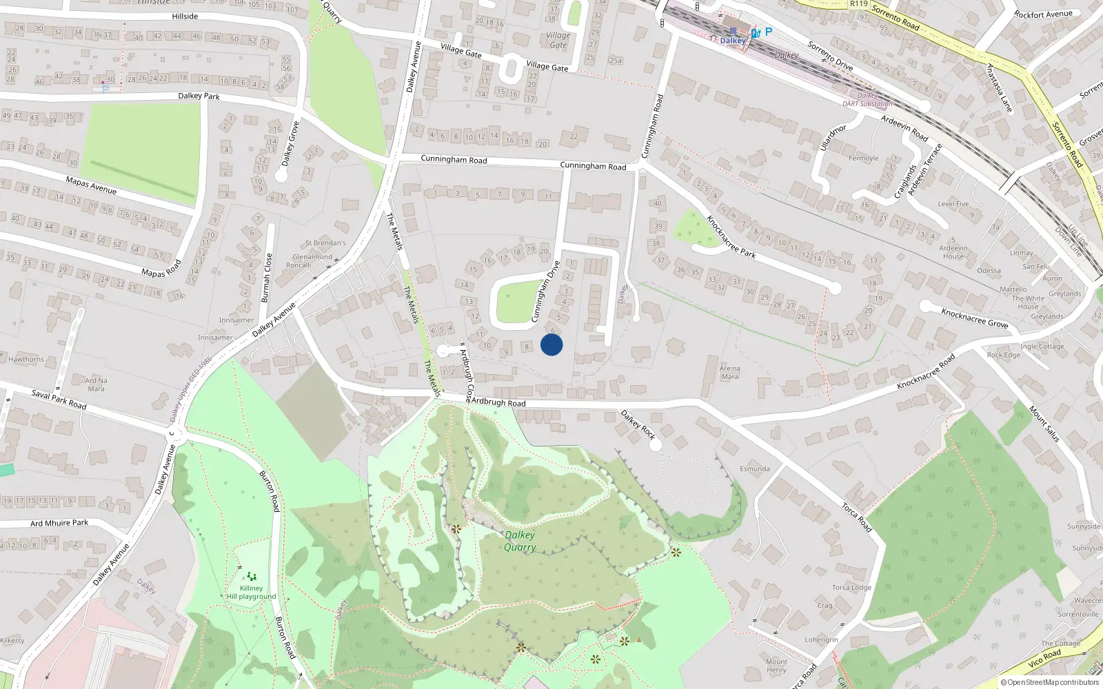 Overhead map showing the location of 7 Cunningham Drive, Dalkey
