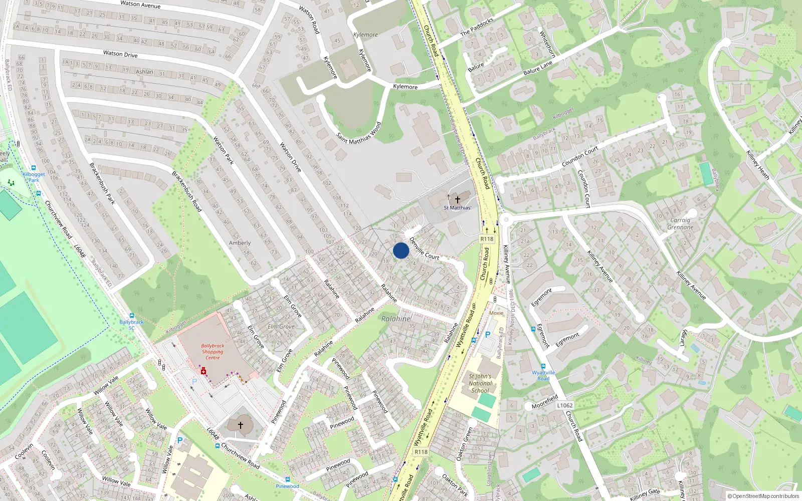 Overhead map showing the location of 7 Denville Court, Killiney