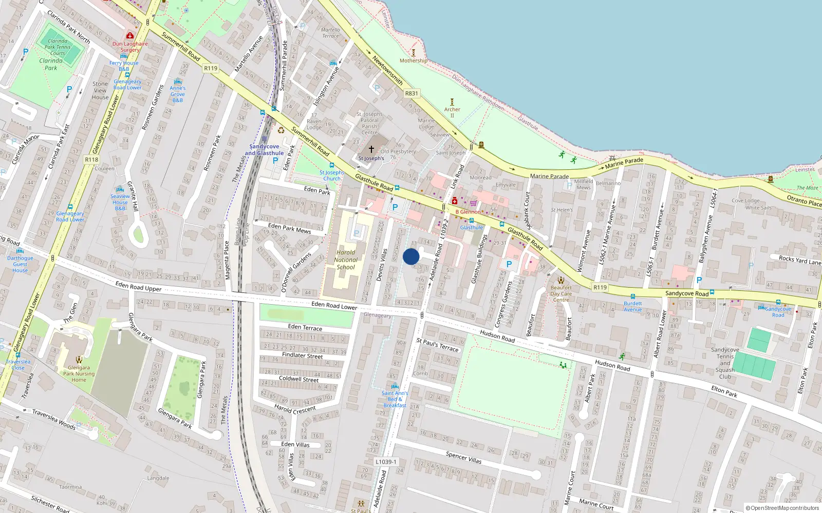 Overhead map showing the location of 7 Dixons Villas, Glasthule, Dublin