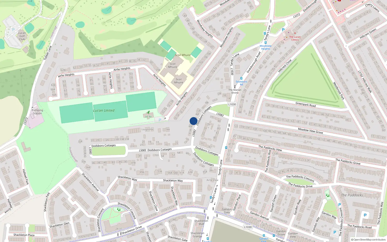 Overhead map showing the location of 7 Dodsborough Cottages, Lucan, Dublin