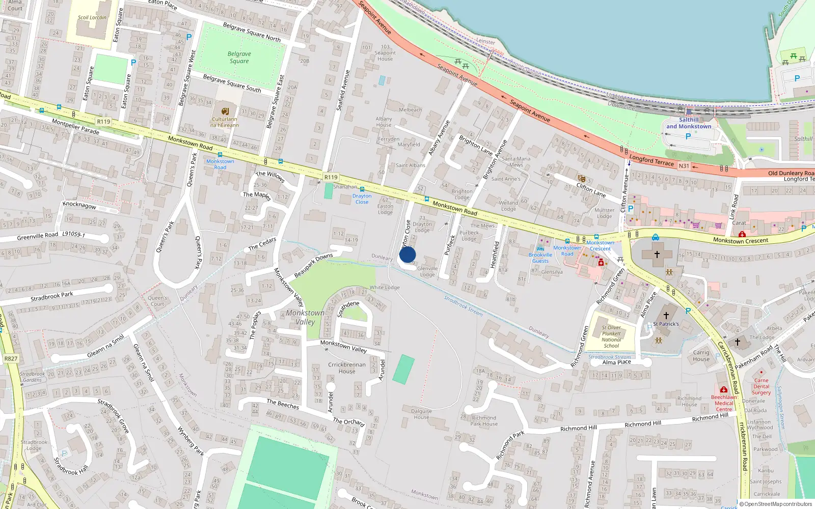 Overhead map showing the location of 7 Drayton Close, Monkstown, Dublin