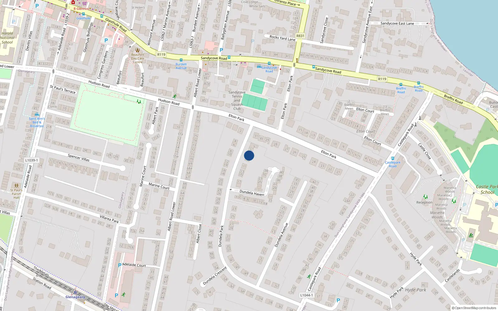 Overhead map showing the location of 7 Dundela Park, Dublin