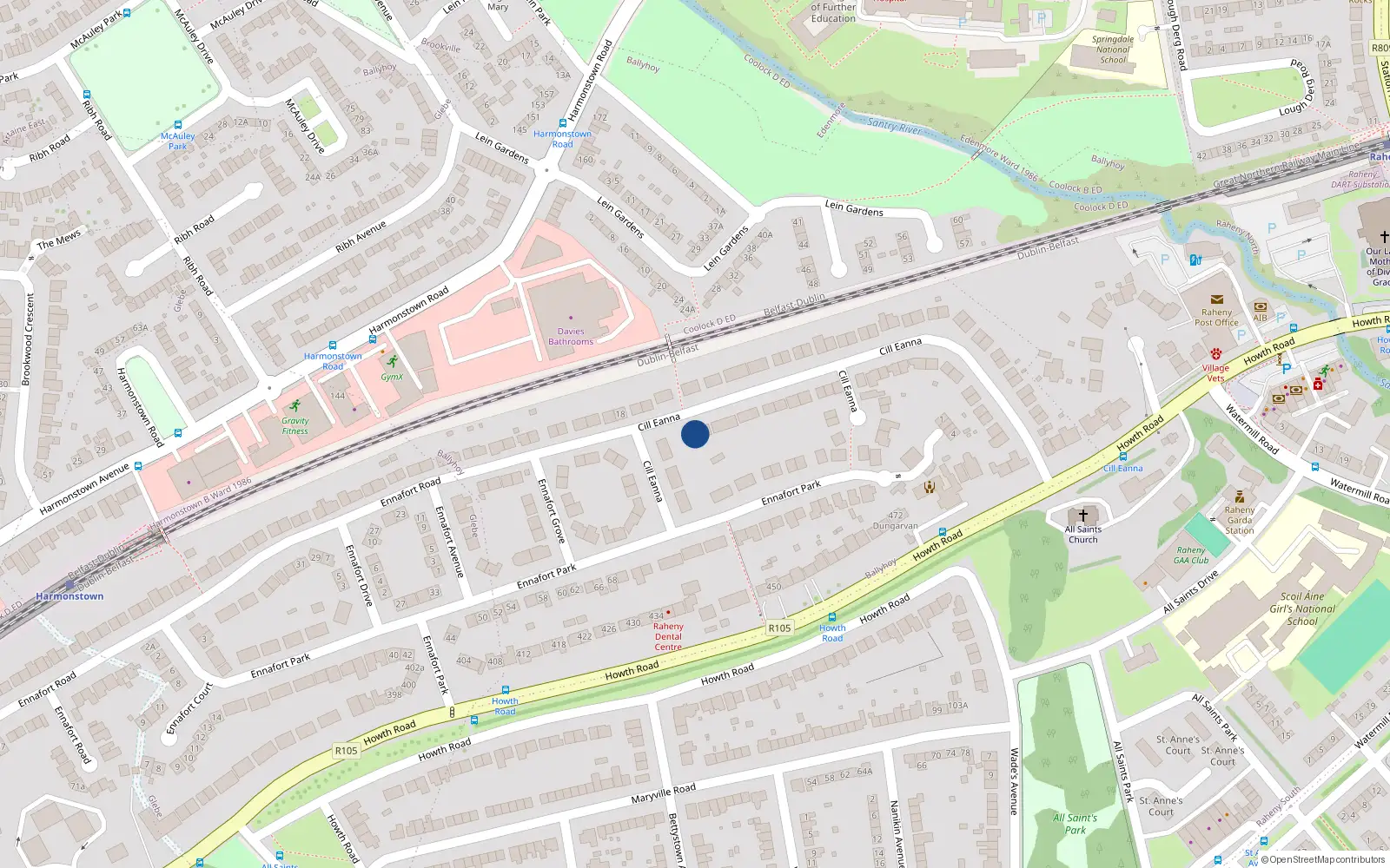 Overhead map showing the location of 7 Eannafort Road, Raheny, Dublin 5