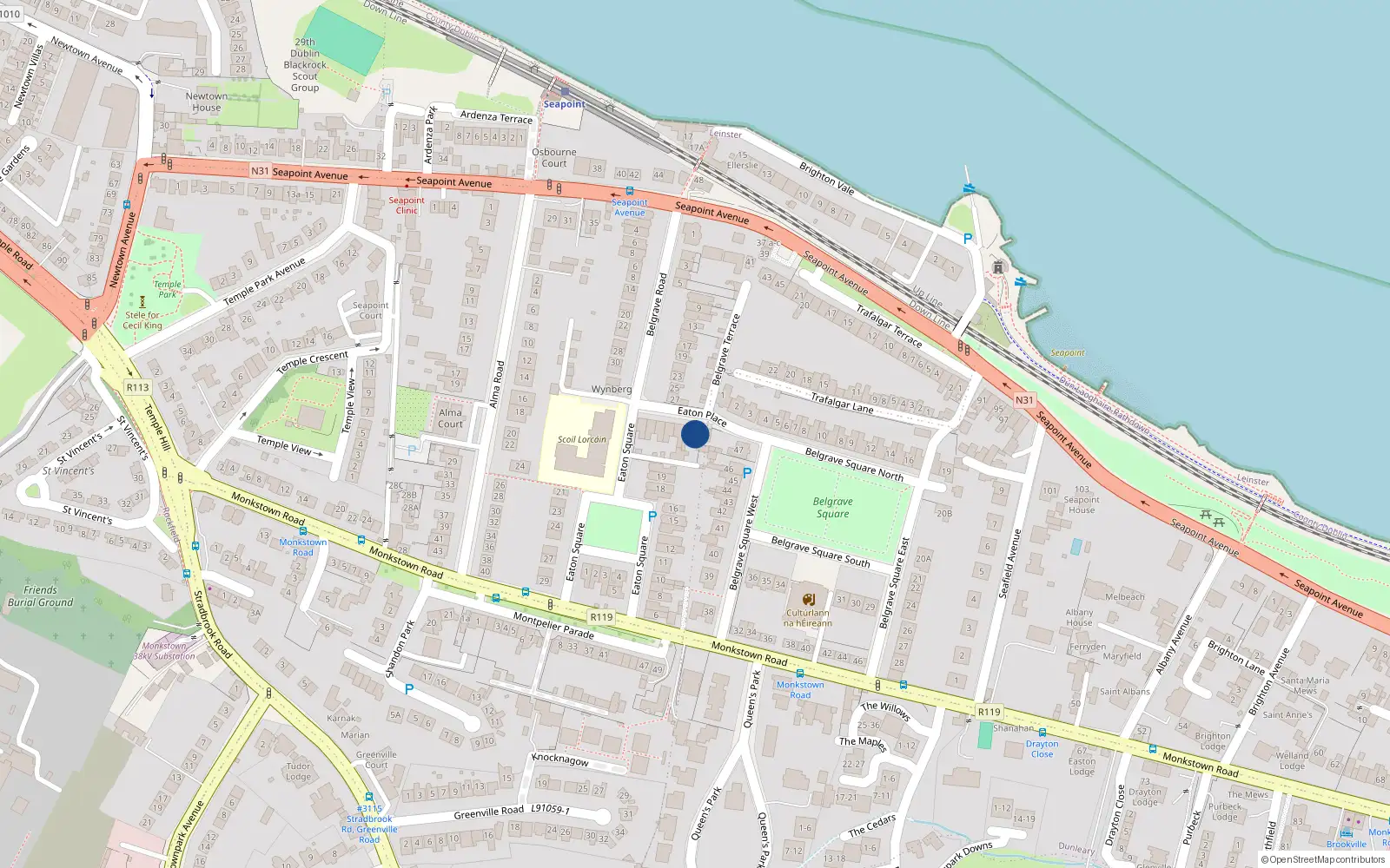 Overhead map showing the location of 7 Eaton Place, Monkstown, Blackrock