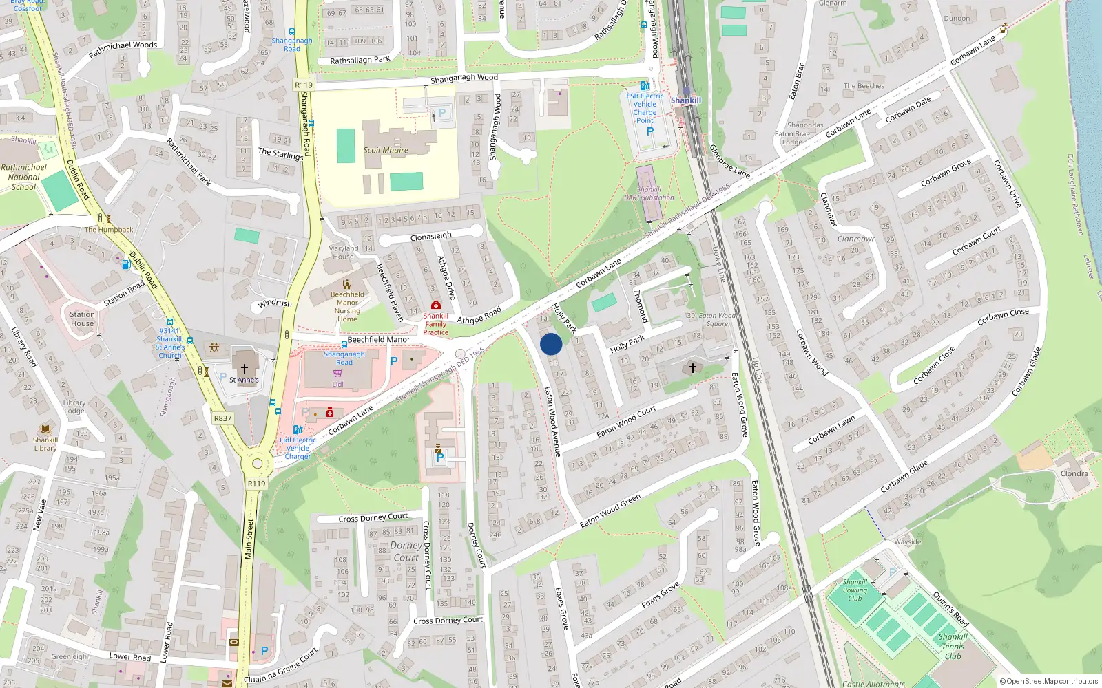 Overhead map showing the location of 7 Eaton Wood Avenue, Shankill