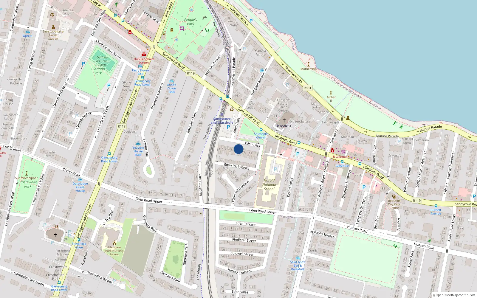 Overhead map showing the location of 7 Eden Park, Dun Laoghaire