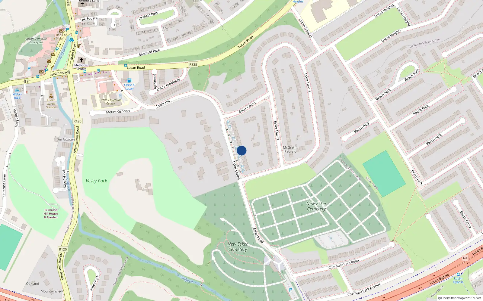 Overhead map showing the location of 7 Esker Lawns, Lucan, Dublin