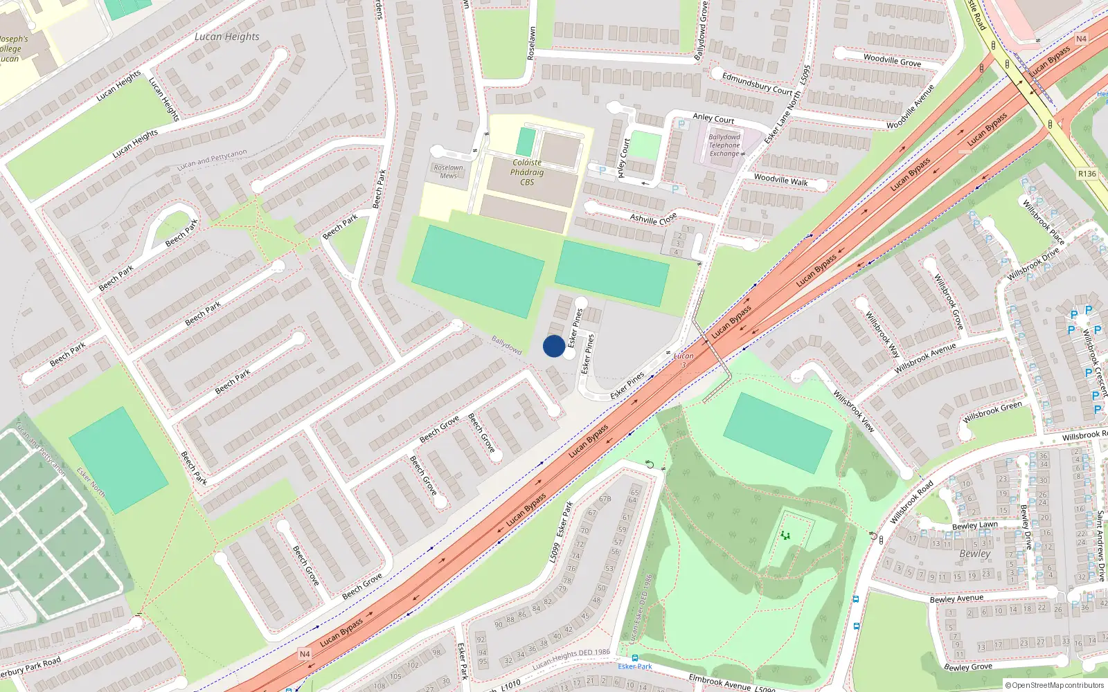 Overhead map showing the location of 7 Esker Pines, Lucan, Dublin