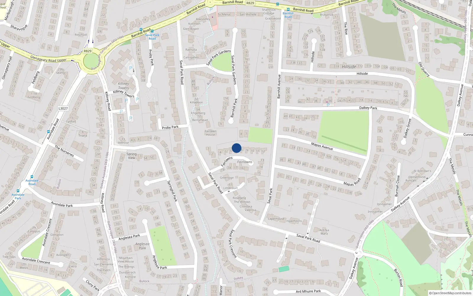 Overhead map showing the location of 7 Fairlawns, Saval Park Road, Dalkey