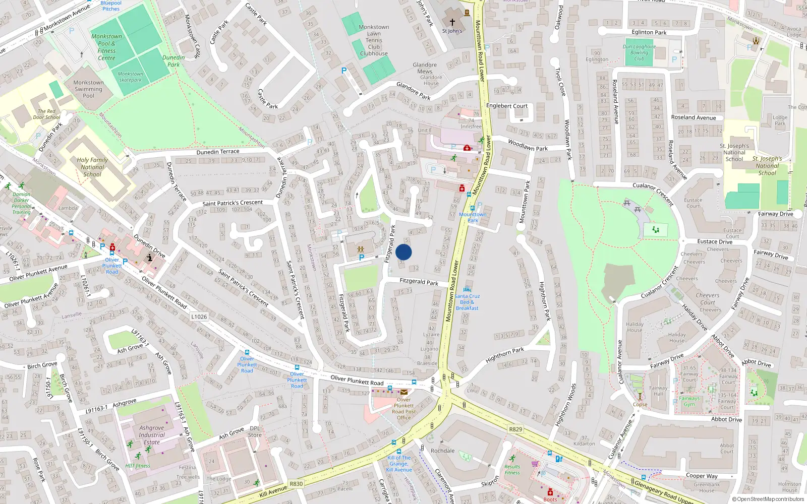 Overhead map showing the location of 7 Fitzgerald Park, Dun Laoghaire, Dublin