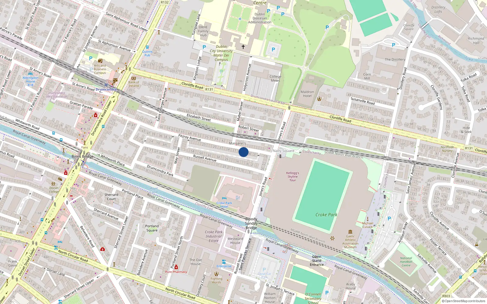 Overhead map showing the location of 7 Fitzroy Avenue, Drumcondra, Dublin 3