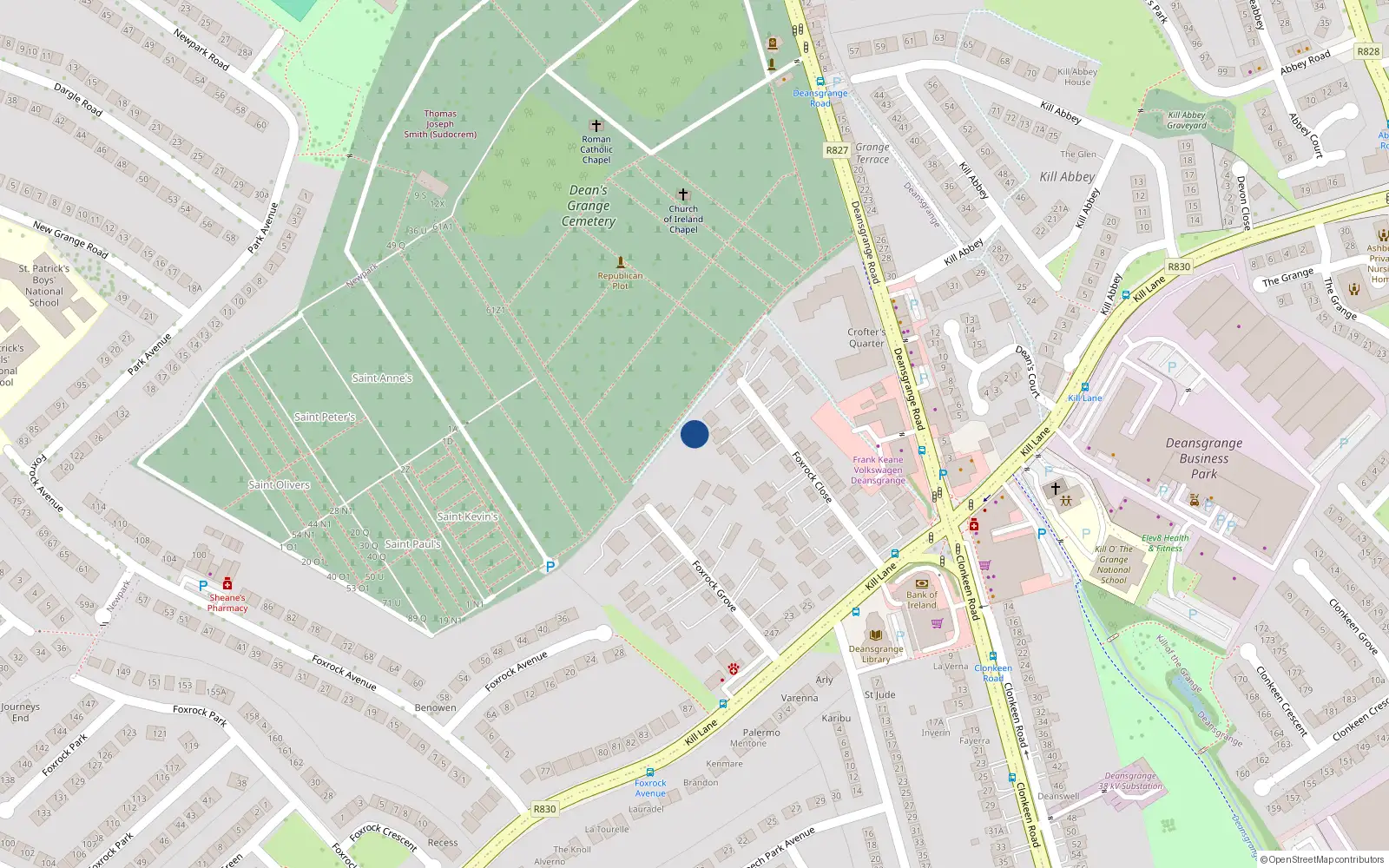 Overhead map showing the location of 7 Foxrock Grove, Dublin 18