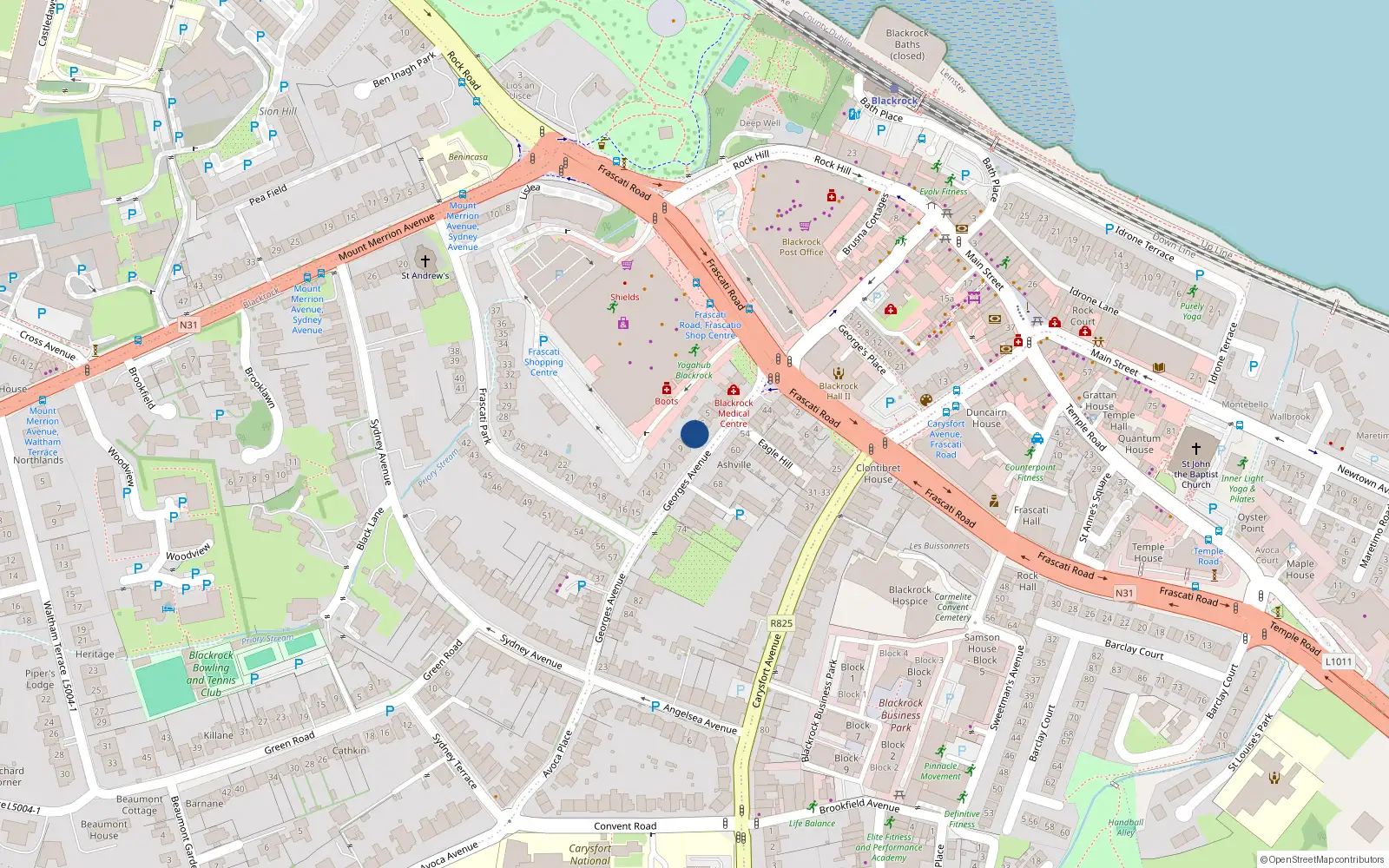 Overhead map showing the location of 7 Frascati Park, Blackrock, Co Dublin