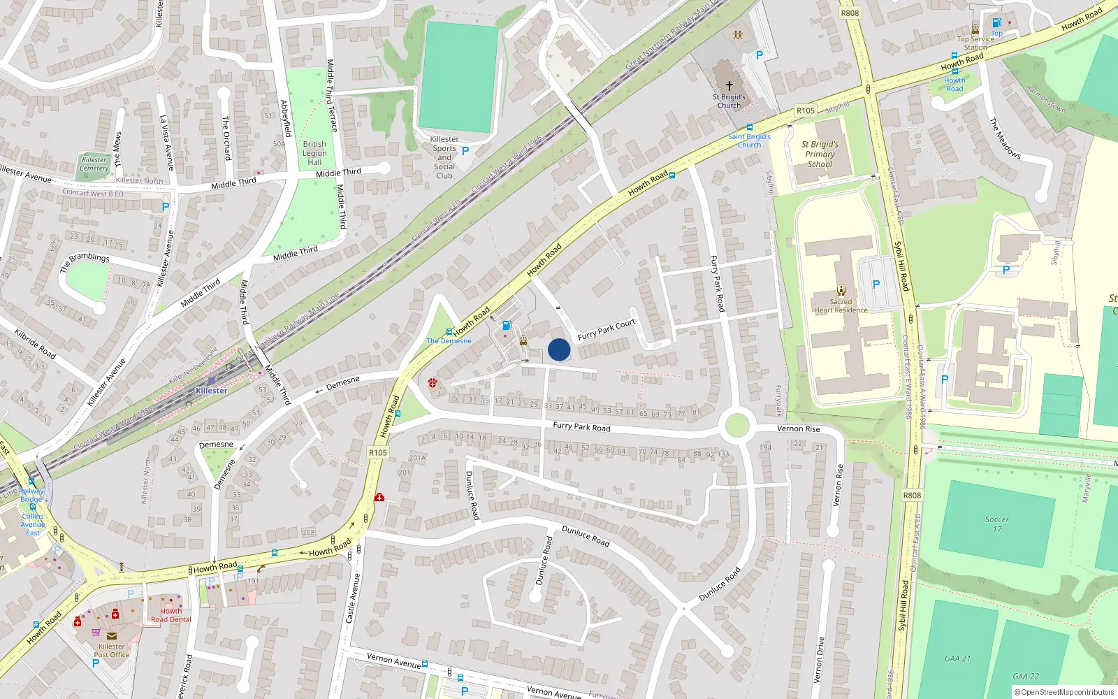 Overhead map showing the location of 7 Furry Park Court, Howth Road, Dublin 5