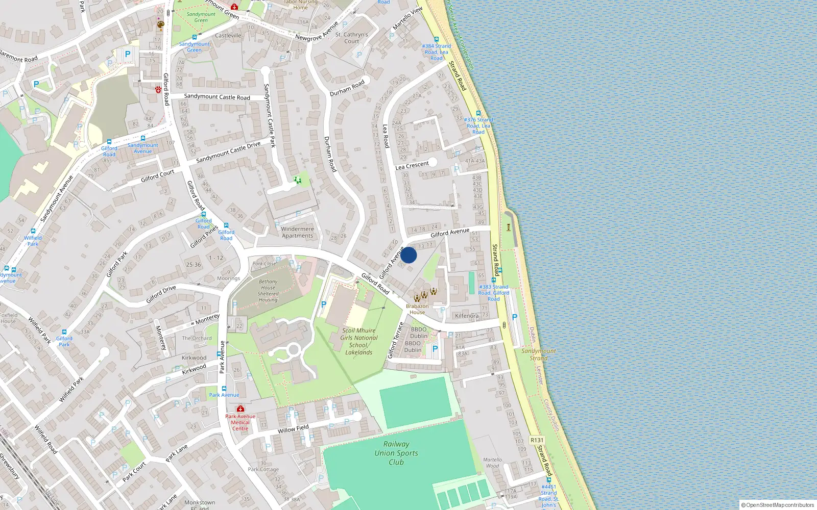 Overhead map showing the location of 7 Gilford Avenue, Sandymount