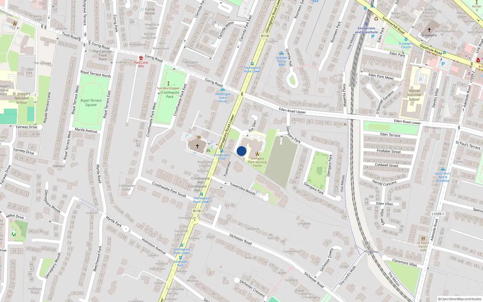 Overhead map showing the location of 7 Glengara Close, Glenageary Road Lower, Dun Laoghaire