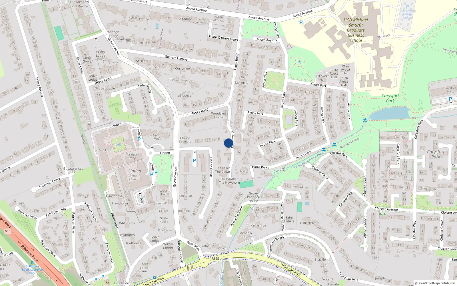 Overhead map showing the location of 7 Glensavage, Avoca Road, Blackrock