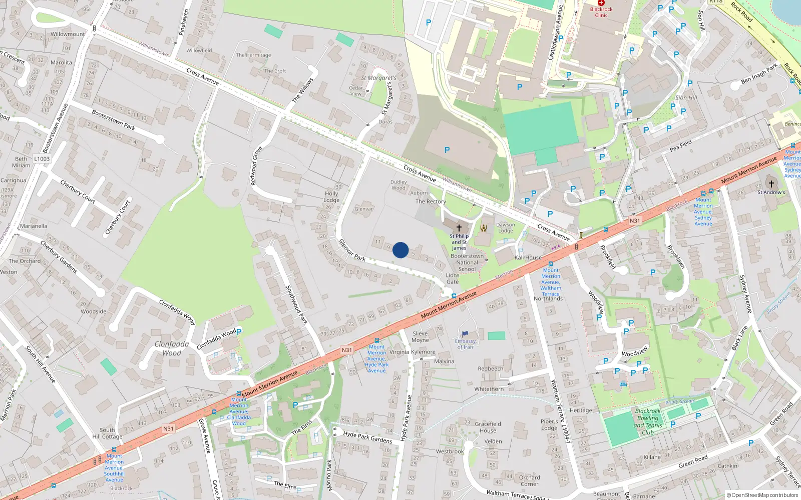 Overhead map showing the location of 7 Glenvar Park, Blackrock
