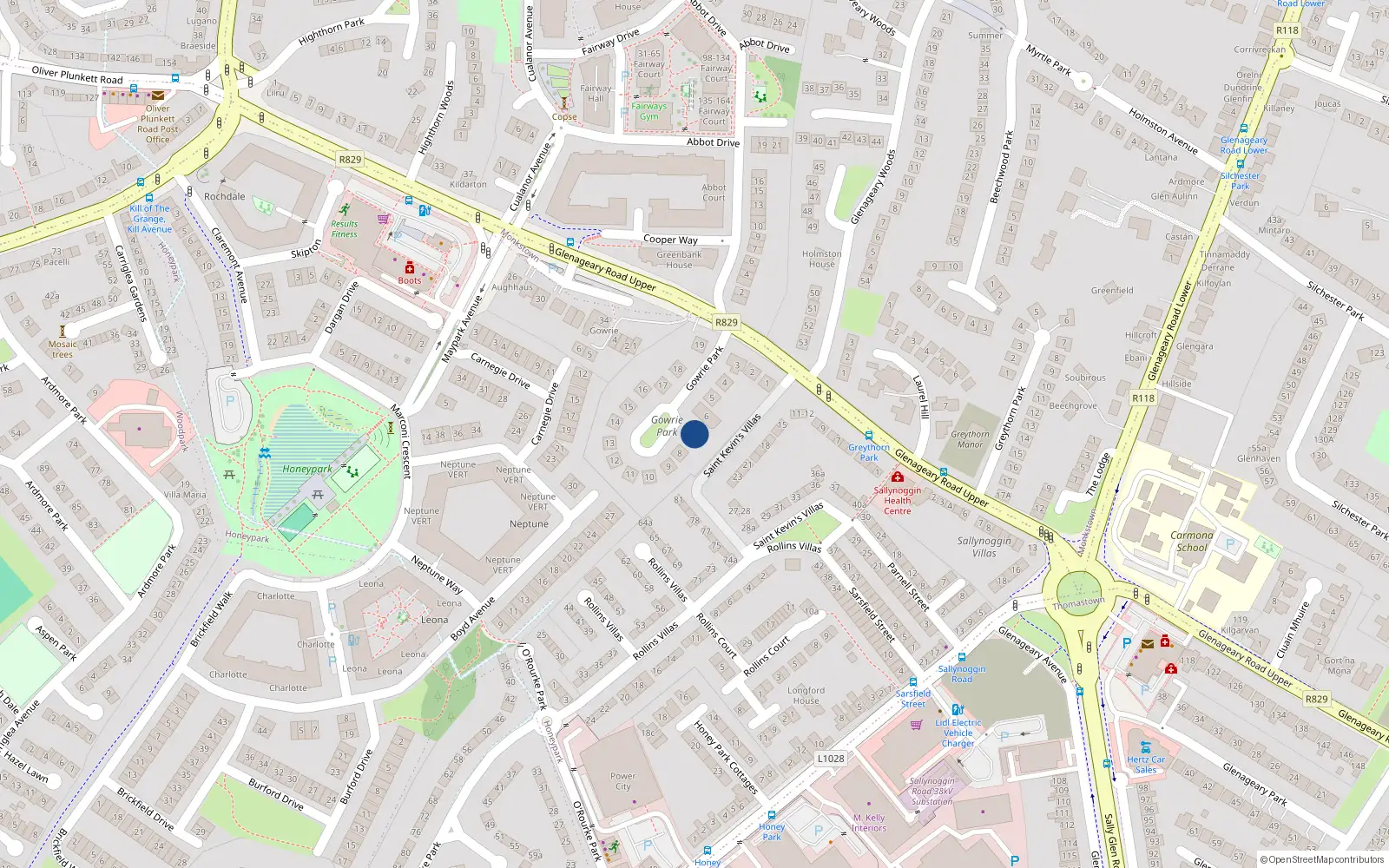 Overhead map showing the location of 7 Gowrie Park, Sallynoggin