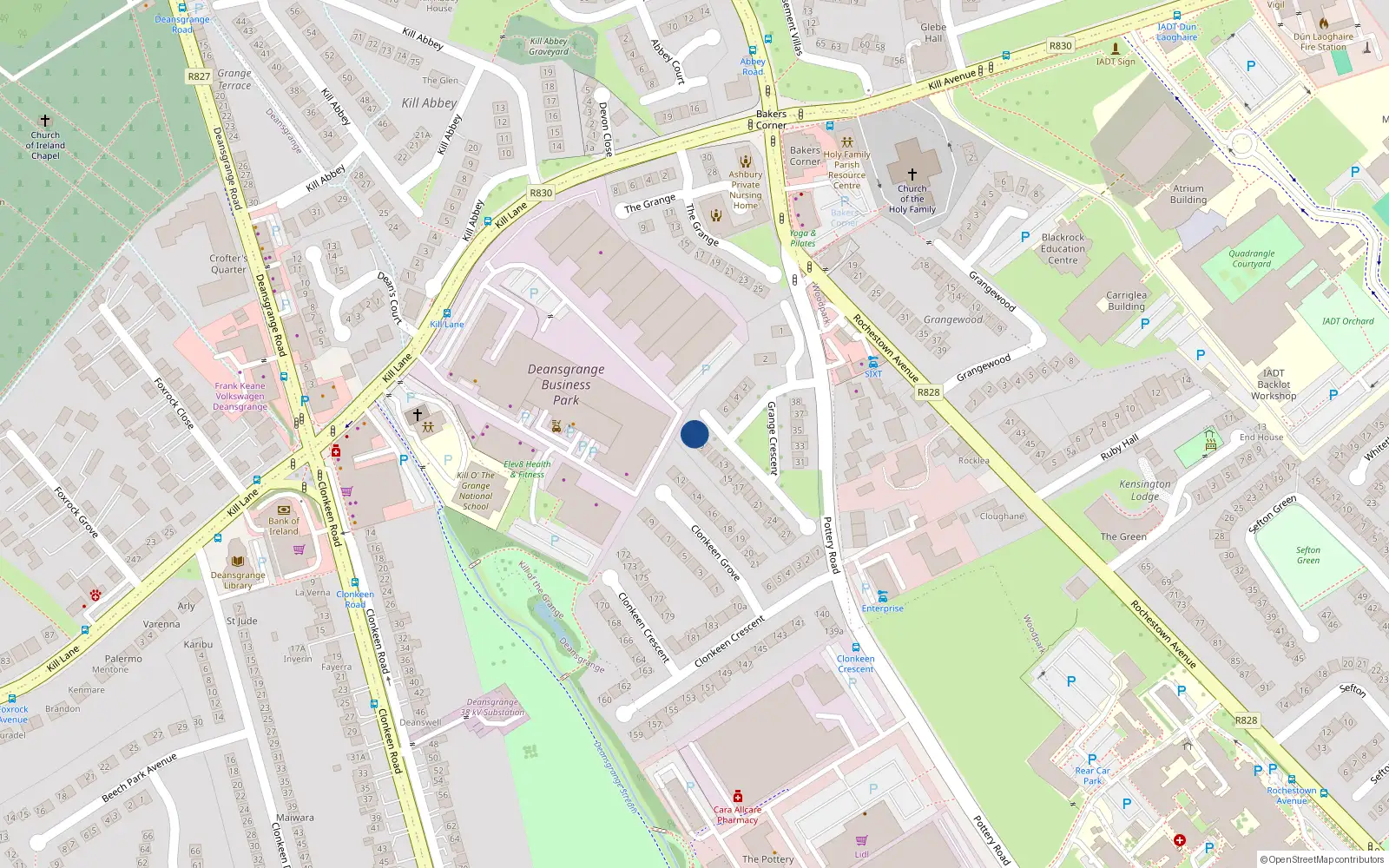 Overhead map showing the location of 7 Grange Crescent, Dun Laoghaire