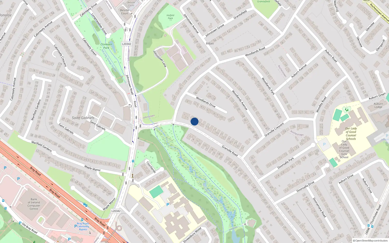 Overhead map showing the location of 7 Granville Road, Dun Laoghaire