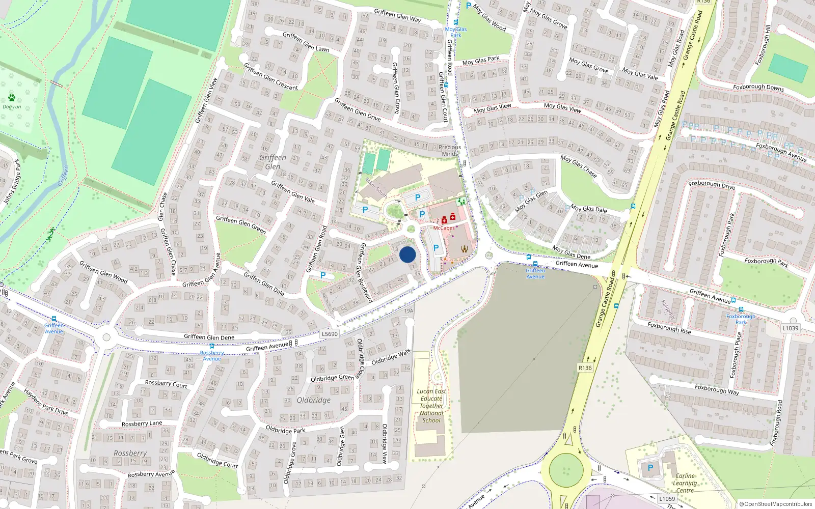 Overhead map showing the location of 7 Griffeen Glen Boulevard, Lucan
