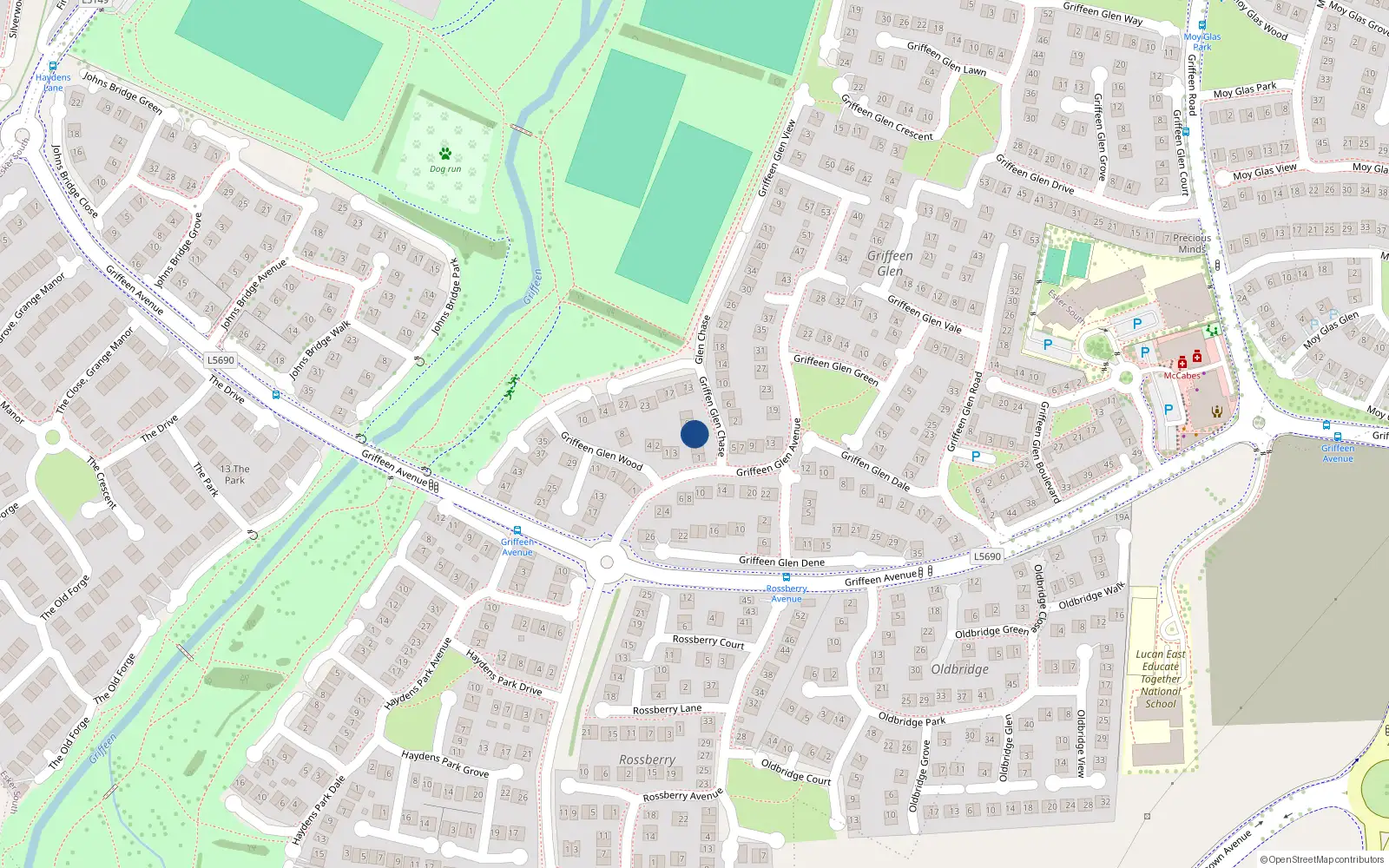 Overhead map showing the location of 7 Griffeen Glen Chase, Lucan, Dublin
