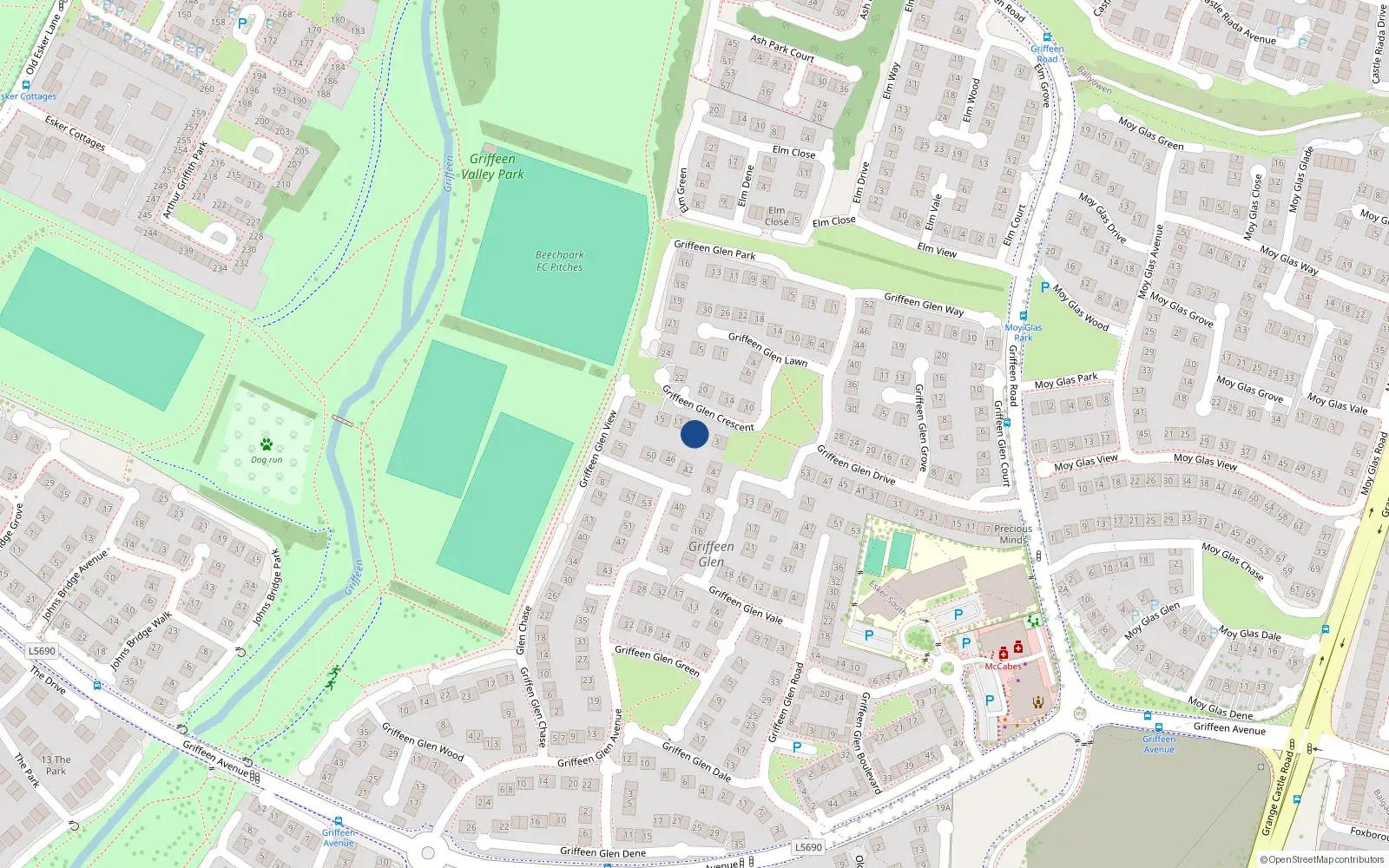 Overhead map showing the location of 7 Griffeen Glen Crescent, Lucan, Dublin