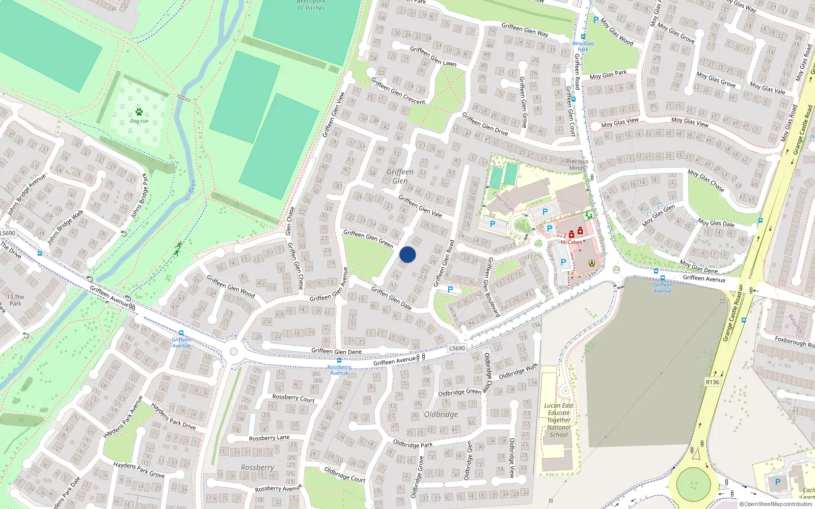 Overhead map showing the location of 7 Griffeen Glen Green, Lucan, Dublin