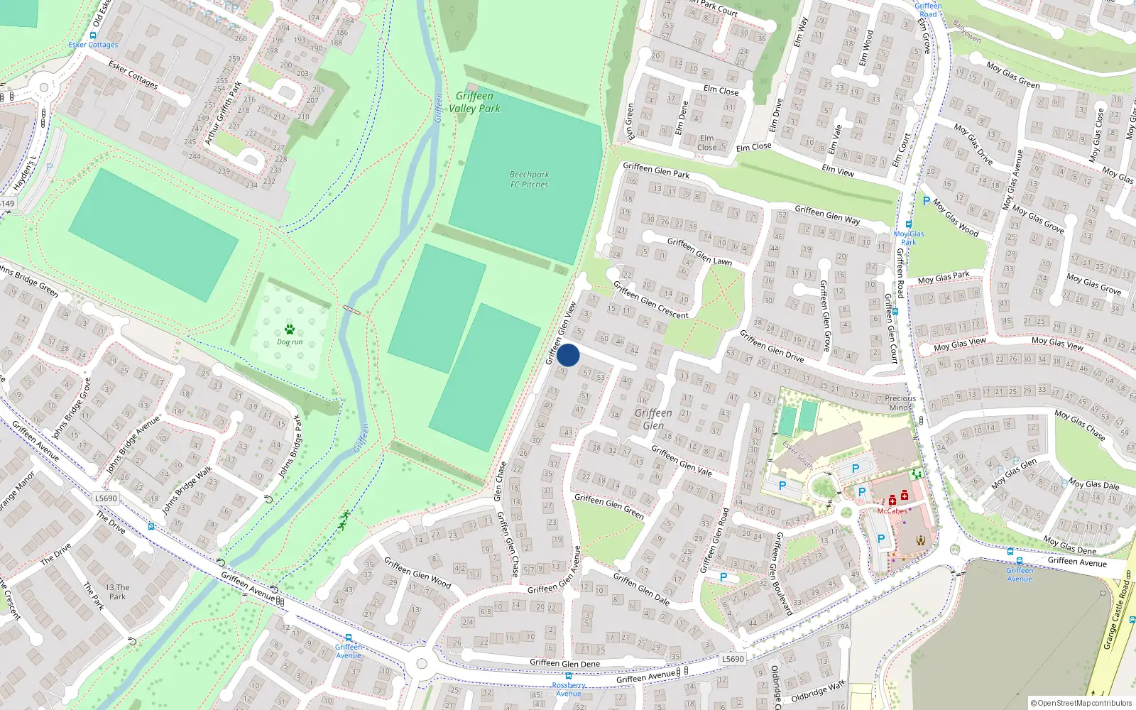 Overhead map showing the location of 7 Griffeen Glen View, Lucan