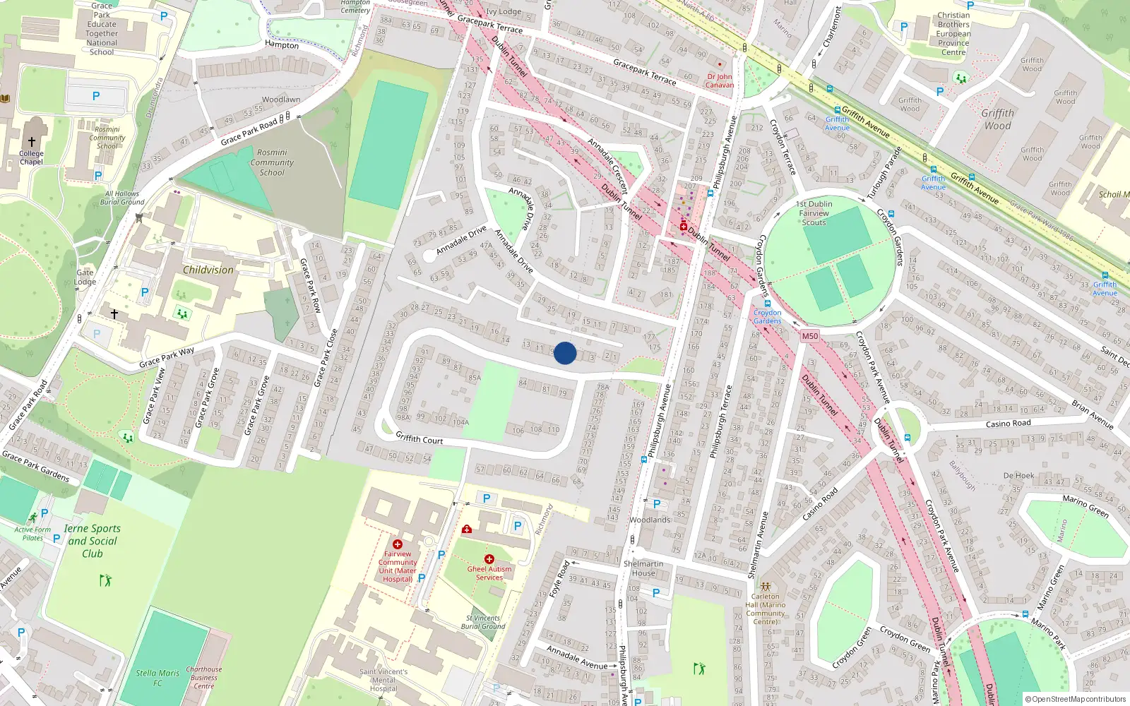 Overhead map showing the location of 7 Griffith Court, Dublin 3