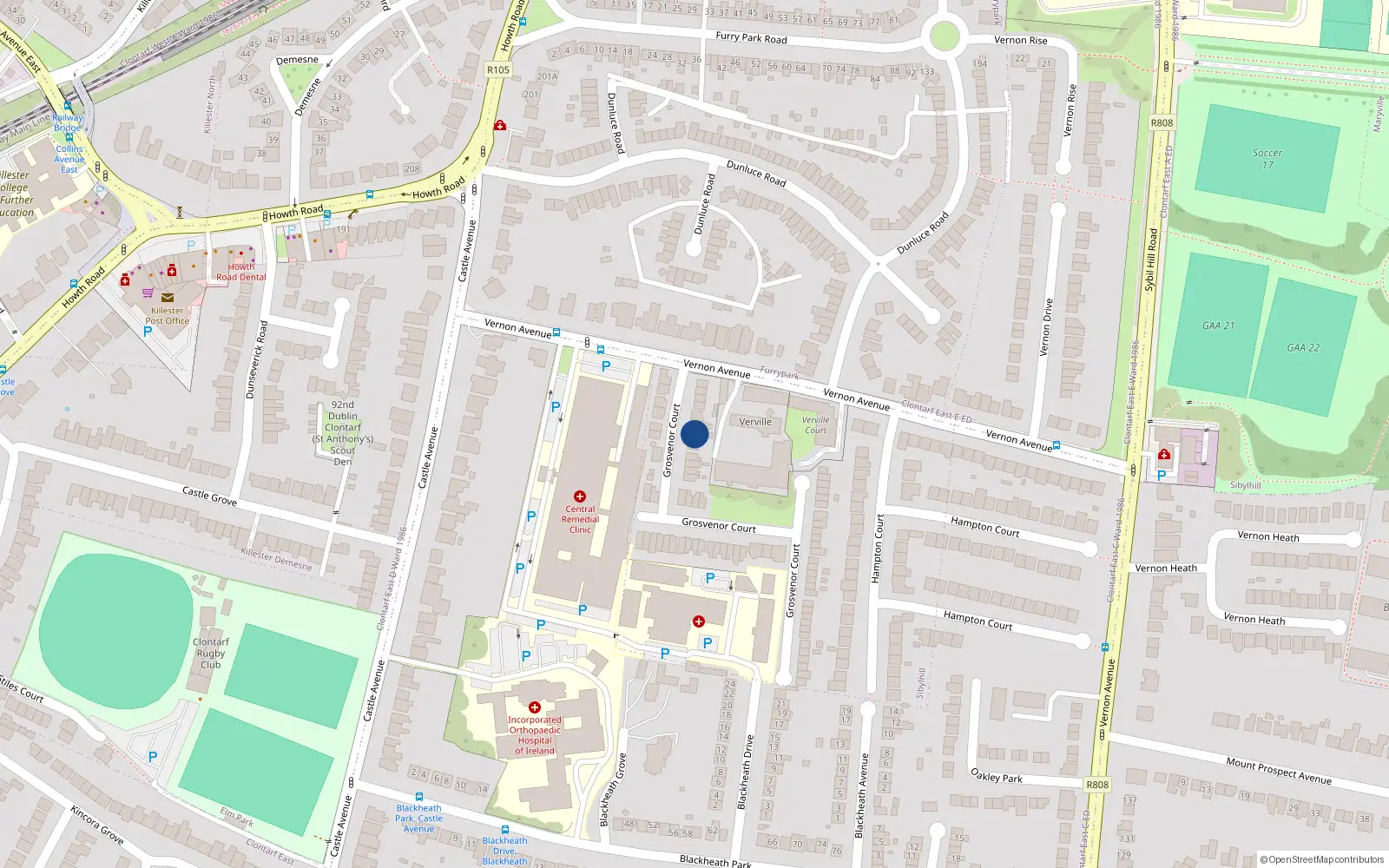 Overhead map showing the location of 7 Grosvenor Court, Dublin 3