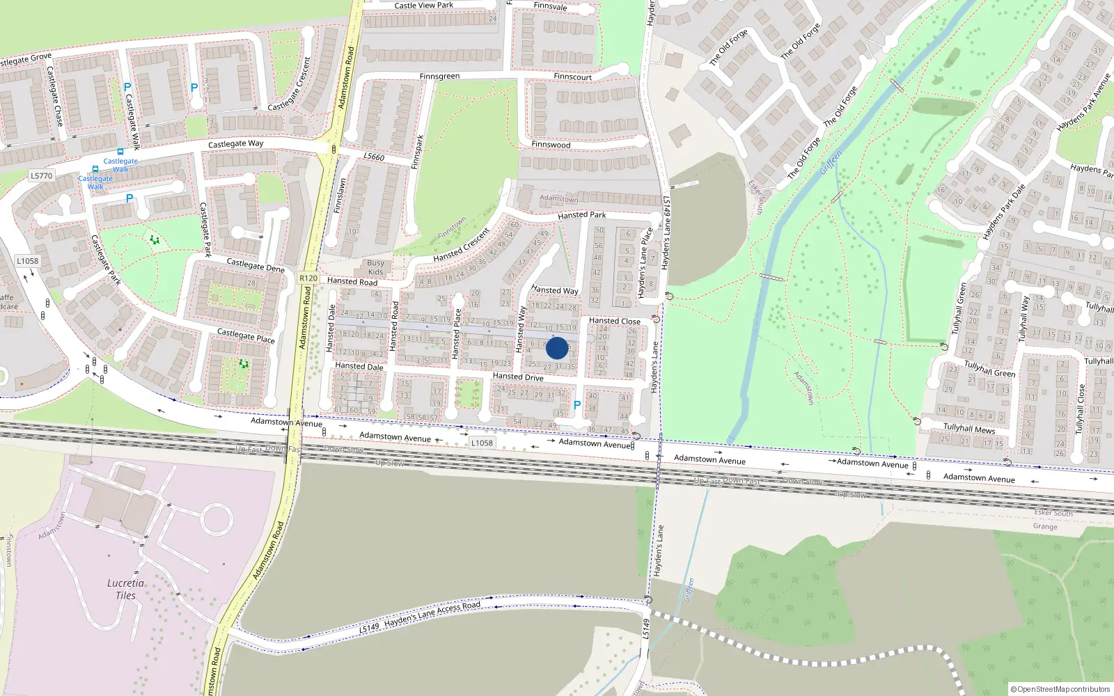 Overhead map showing the location of 7 Hanstead Close, Lucan, Dublin